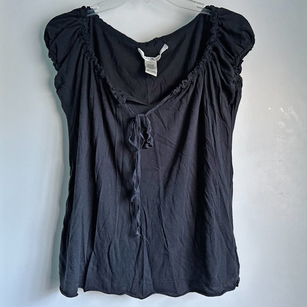 Max Studio Black Tee - Gathered Neckline and Sleeves - Medium